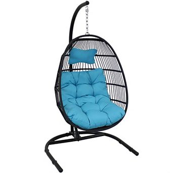 Sunnydaze Resin Wicker Hanging Egg Chair with Steel Stand/Cushions