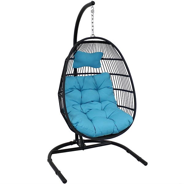 Sunnydaze Resin Wicker Hanging Egg Chair with Steel Stand/Cushions Blue