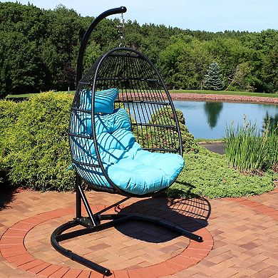 Sunnydaze Resin Wicker Hanging Egg Chair with Steel Stand/Cushions