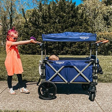 Keenz 7s Push Pull 2-kid Baby Toddler Kids Wheeled Stroller Wagon, Canopy, Blue