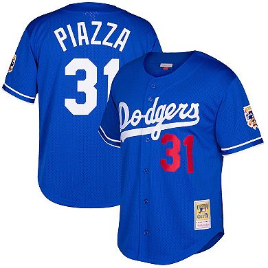 Men's Mitchell & Ness Mike Piazza Royal Los Angeles Dodgers Cooperstown Collection Mesh Batting Practice Button-Up Jersey