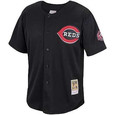 Men's Mitchell & Ness Barry Larkin Black Cincinnati Reds Cooperstown Collection Mesh Batting Practice Button-Up Jersey