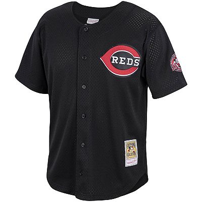 Men s Mitchell Ness Barry Larkin Black Cincinnati Reds Cooperstown Collection Mesh Batting Practice Button Up