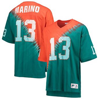 Men's Mitchell & Ness Dan Marino Orange/Aqua Miami Dolphins Retired Player Name & Number Diagonal Tie-Dye V-Neck T-Shirt