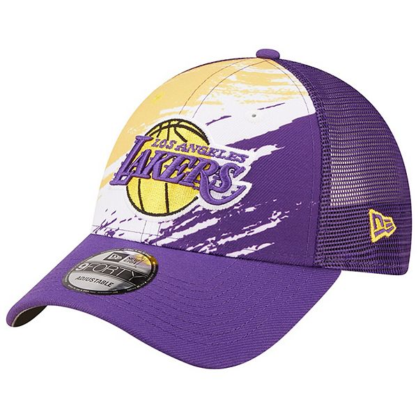 Men's New Era Purple Los Angeles Lakers Marble 9FORTY Trucker Snapback Hat