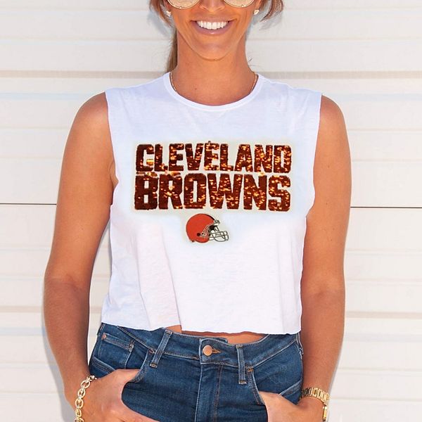 Women's Cuce White Cleveland Browns Sequin Cropped Tank Top