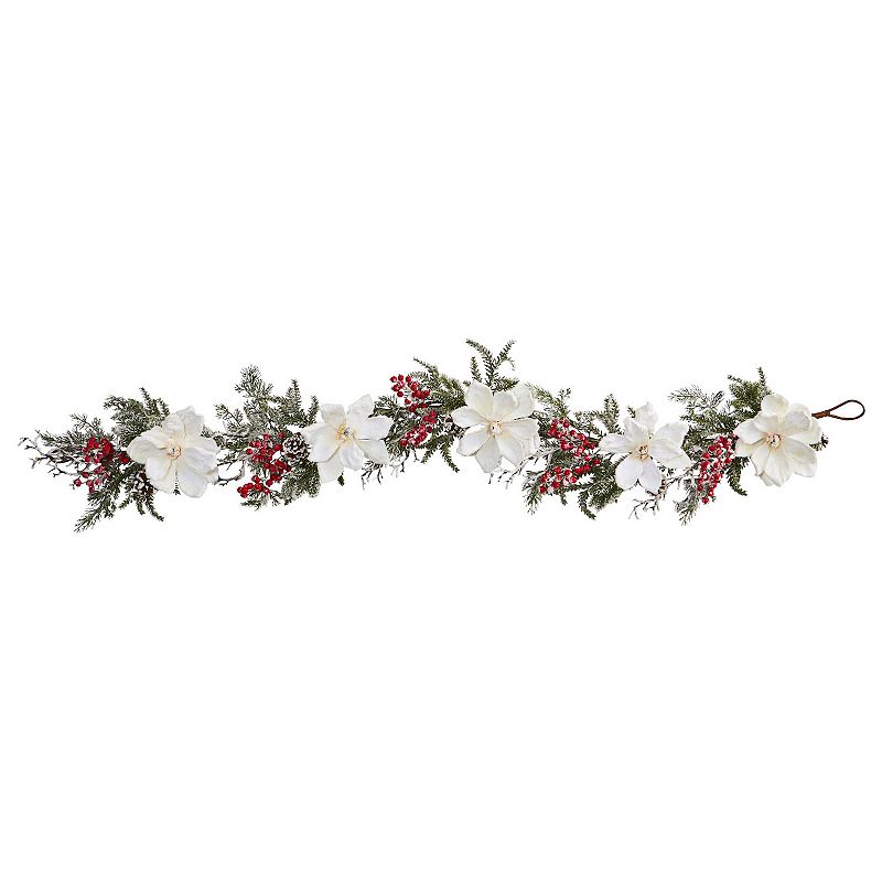 nearly natural 60 Frosted Magnolia & Berry Artificial Garland, White
