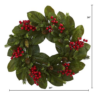 nearly natural 24" Magnolia Leaf, Berry & Pine Artificial Wreath