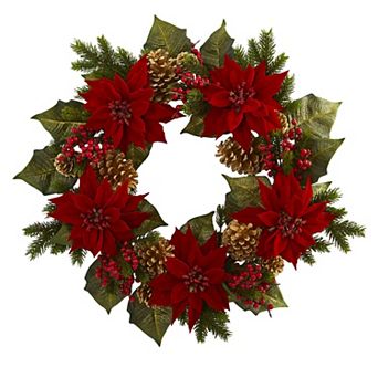 nearly natural 24" Poinsettia, Berry & Golden Pinecone Artificial Wreath