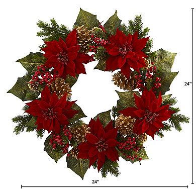 nearly natural 24" Poinsettia, Berry & Golden Pinecone Artificial Wreath