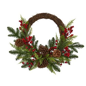 nearly natural 22" Mixed Pine & Cedar with Berries & Pinecones Artificial Wreath