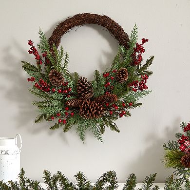 nearly natural 22" Mixed Pine & Cedar with Berries & Pinecones Artificial Wreath