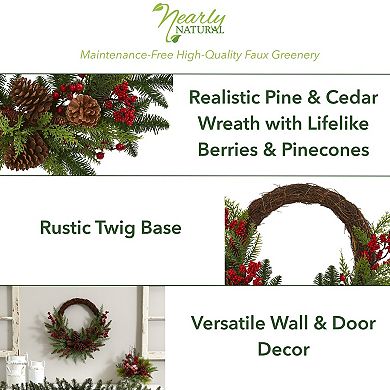 nearly natural 22" Mixed Pine & Cedar with Berries & Pinecones Artificial Wreath
