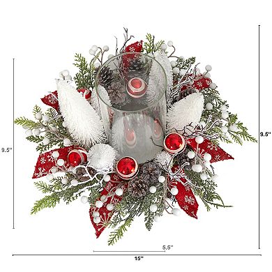 nearly natural 15" Holiday Lighted Forest Candle Holder Table Christmas Artificial Arrangement