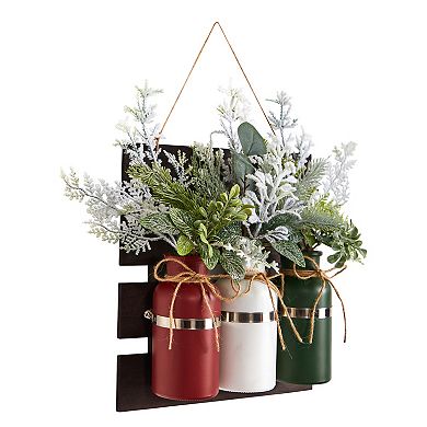 nearly natural 17" Holiday Assorted Christmas Pine Hanging Three Piece Mason Jar Artificial Arrangement Wall Art Décor