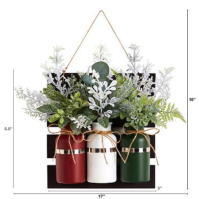 nearly natural 17" Holiday Assorted Christmas Pine Hanging Three Piece Mason Jar Artificial Arrangement Wall Art Décor