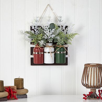 nearly natural 17" Holiday Assorted Christmas Pine Hanging Three Piece Mason Jar Artificial Arrangement Wall Art Décor