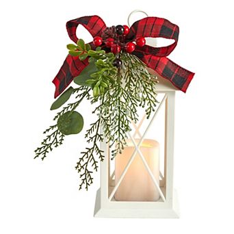nearly natural 12" Holiday Lantern & LED Candle with Artificial Berries & Pine