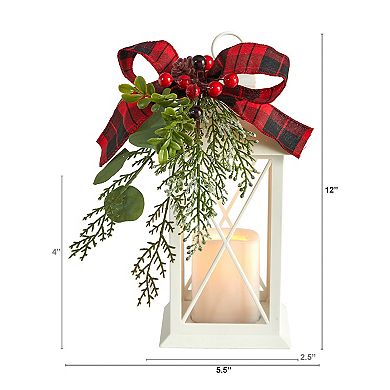 nearly natural 12" Holiday White Lantern With Berries, Pine & Plaid Bow Artificial Christmas Table Arrangement with LED Candle Included