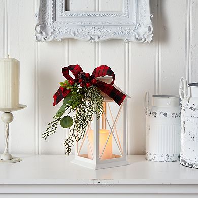 nearly natural 12" Holiday White Lantern With Berries, Pine & Plaid Bow Artificial Christmas Table Arrangement with LED Candle Included