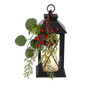 nearly natural 12" Holiday Lantern & LED Candle with Artificial Berries & Greenery