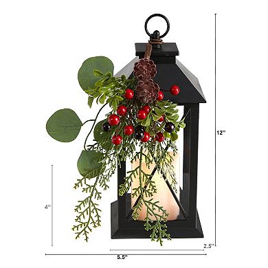 nearly natural 12" Holiday Berries & Greenery Metal Lantern Artificial Table Christmas Arrangement with LED Candle Included