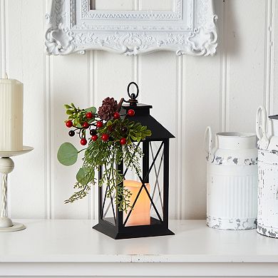 nearly natural 12" Holiday Berries & Greenery Metal Lantern Artificial Table Christmas Arrangement with LED Candle Included
