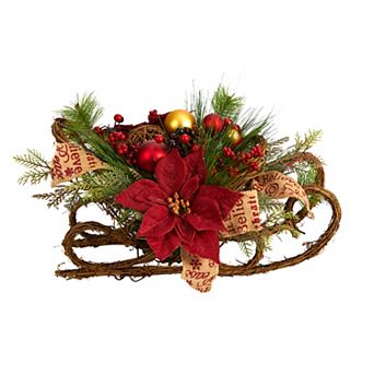nearly natural 18" Christmas Sleigh with Artificial Poinsettia, Berries & Pinecone Table Decor