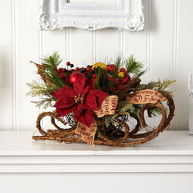 nearly natural 18" Christmas Sleigh with Poinsettia, Berries & Pinecone Artificial Arrangement with Ornaments