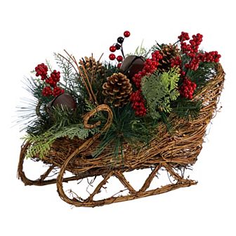 nearly natural 18" Christmas Sleigh with Artificial Pine, Pinecones & Berries Table Decor