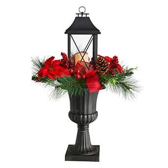 nearly natural 33" Large Lantern & LED Candle with Artificial Berries & Poinsettia