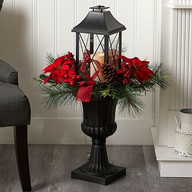 nearly natural 33" Holiday Christmas Berries & Poinsettia with Large Lantern & Included LED Candle Set in a Decorative Urn Porch Decor