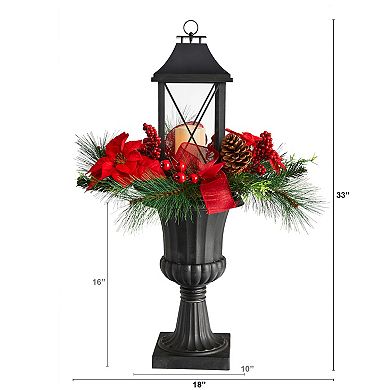 nearly natural 33" Holiday Christmas Berries & Poinsettia with Large Lantern & Included LED Candle Set in a Decorative Urn Porch Decor