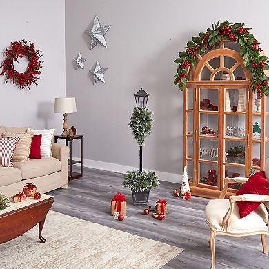 nearly natural 5-ft. Holiday Pre-lit Decorated Lamp Post with Artificial Christmas Greenery, Decorative Container & 50 LED Lights Indoor Outdoor Patio Porch Decor