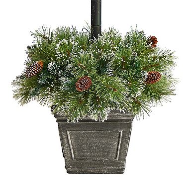 nearly natural 5-ft. Holiday Pre-lit Decorated Lamp Post with Artificial Christmas Greenery, Decorative Container & 50 LED Lights Indoor Outdoor Patio Porch Decor