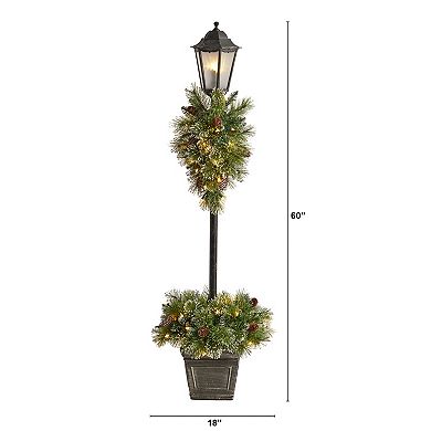nearly natural 5-ft. Holiday Pre-lit Decorated Lamp Post with Artificial Christmas Greenery, Decorative Container & 50 LED Lights Indoor Outdoor Patio Porch Decor