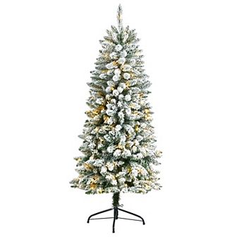 nearly natural 5-ft. Slim Flocked Montreal Fir Artificial Christmas Tree with 150 Warm White LED Lights