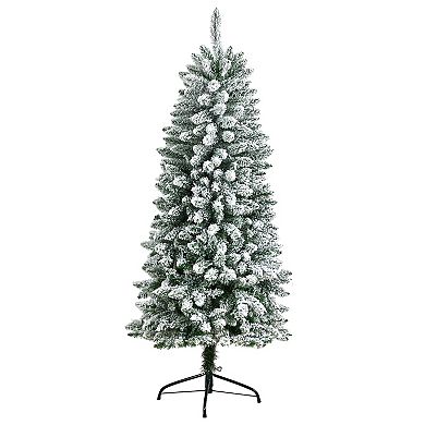 nearly natural 5-ft. Slim Flocked Montreal Fir Artificial Christmas Tree with 150 Bulbs: Warm White LED Lights & 491 Bendable Branches