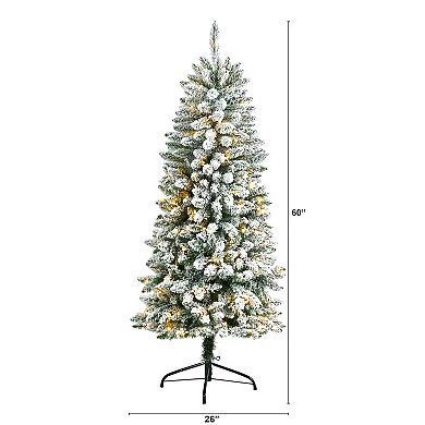 nearly natural 5-ft. Slim Flocked Montreal Fir Artificial Christmas Tree with 150 Bulbs: Warm White LED Lights & 491 Bendable Branches