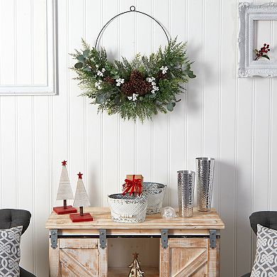 nearly natural 28" Christmas Pine, Eucalyptus, & Berries Metal Circlet Artificial Wreath