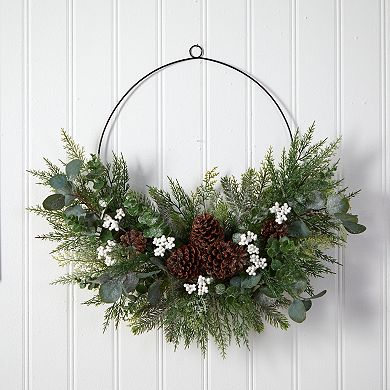 nearly natural 28" Christmas Pine, Eucalyptus, & Berries Metal Circlet Artificial Wreath