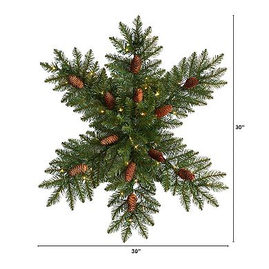 nearly natural 30" Pre-Lit Snowflake Artificial Dunhill Fir Wreath with Pinecones & 40 LED Lights