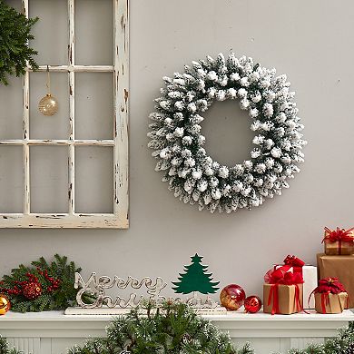 nearly natural 24" Flocked Artificial Christmas Wreath with 160 Bendable Branches & 35 Bulbs: Warm White LED Lights