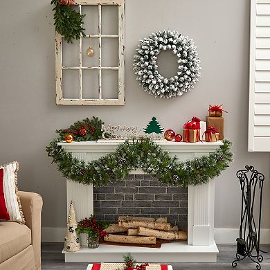 nearly natural 24" Flocked Artificial Christmas Wreath with 160 Bendable Branches & 35 Bulbs: Warm White LED Lights