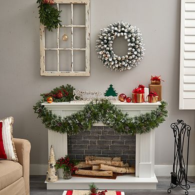 nearly natural 24" Flocked Artificial Christmas Wreath with 160 Bendable Branches & 35 Bulbs: Warm White LED Lights