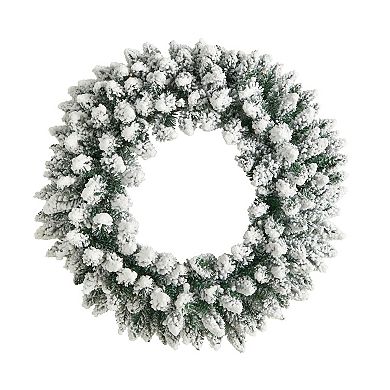 nearly natural 24" Flocked Artificial Christmas Wreath with 160 Bendable Branches & 35 Bulbs: Warm White LED Lights