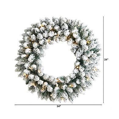 nearly natural 24" Flocked Artificial Christmas Wreath with 160 Bendable Branches & 35 Bulbs: Warm White LED Lights