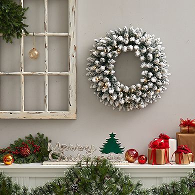 nearly natural 24" Flocked Artificial Christmas Wreath with 160 Bendable Branches & 35 Bulbs: Warm White LED Lights