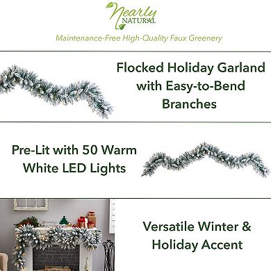 nearly natural 9-ft. Flocked Artificial Christmas Garland with 50 Bulbs: Warm White LED Lights