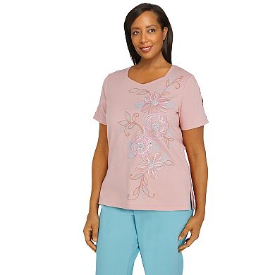 Petite Alfred Dunner Isle of Capri Pants Asymmetric Floral Embroidery Top